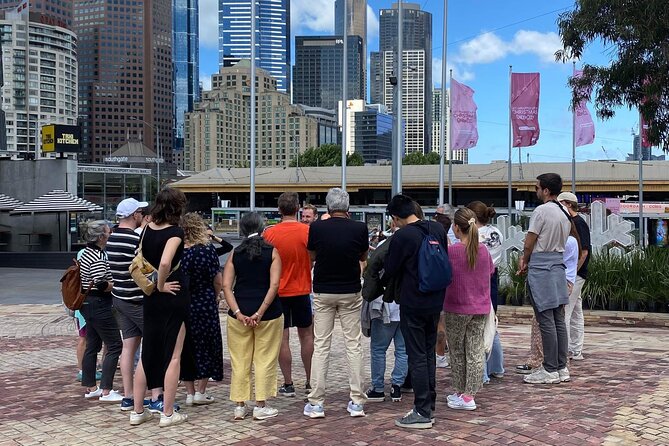 English Melbourne Walking Tour - Federation Square start: the orange umbrella moment